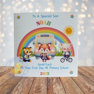 DIZZY DUCKS CARDS Personalised Good Luck First 1st Day School Nursery Card Name Boy Bus Animals