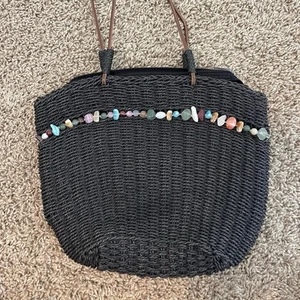 Sun and sand black beaded purse handbag beach bag colored gem weaved - Picture 1 of 4