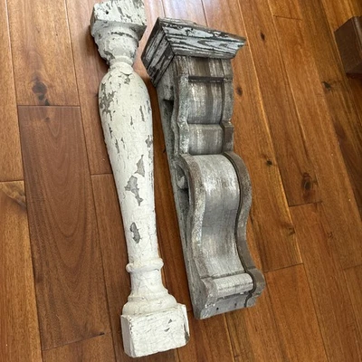 Vintage 23" Tall Architectural Wooden Hand Wood Corbel White Washed & Railing - Image 1 of 4