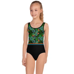 Tropical Leaves Girls One Piece Swimsuit Girls Tropical Swimwear Black - Picture 1 of 29