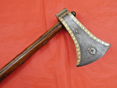 MUGHAL TABAR AXE WOOTZ GOLD DIAMOND RUBY EMERALD sword dagger India Persian 18c - Image 1 of 4