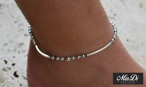 Tobillo elástico de plata esterlina genuina hecho a mano con cuentas de vidrio. - Imagen 1 de 8