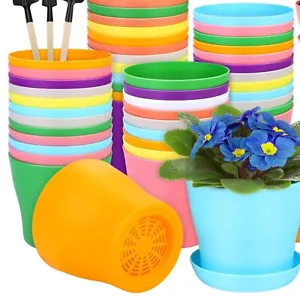 48 Pack Colorful 5.5 Inch Plastic Planters with Saucers & Labels - Ideal for ... - Picture 1 of 9
