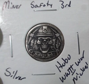 HOBO Miner Skull With Hat Safety 3rd Made From A REAL Silver War Nickel SIGNED - Picture 1 of 2