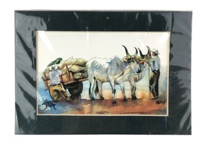 Vtg Signed Original Watercolor by Lisandro Lopez Baylon 7 x 5" Man with Oxen - Picture 1 of 2