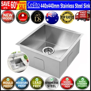 440 x 440mm Single Bowl Stainless Steel Kitchen Sink Laundry Square Edges Trough - Picture 1 of 12