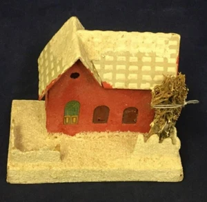 1930's Vintage Japan Putz Papier Mache House Medium, Red with Yard & Tree 4" - Picture 1 of 6
