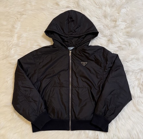 Giacca Prada con cappuccio re nylon blouson zip intera blu navy triangolo logo 38