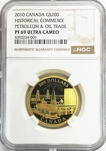 2010 GOLD CANADA $200 DOLLAR PETROLEUM & OIL TRADE COLORISED COIN NGC PF 69 UC - Picture 1 of 2
