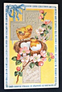 Osterfreuden Küken & Kreuz geprägt Vintage Postkarte PC unbenutzt um 1909 - Bild 1 von 1