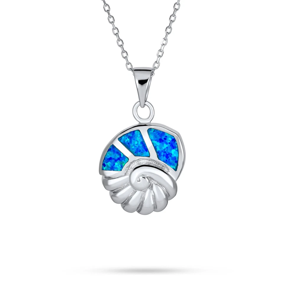 Blue Created Opal Conch Sea Shell Necklace Pendant .925 Sterling Silver - Image 1 of 3