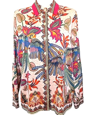 Blusa Top Camisa Rachel Zoe Rosa Multicolor Estampado de Pájaros Con Botones Talla Mediana Foto 1 de 4