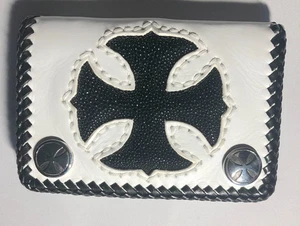 Cartera corta de cuero de vaca blanca triple pliegue con raya negra - Accesorios de motociclista - Imagen 1 de 3