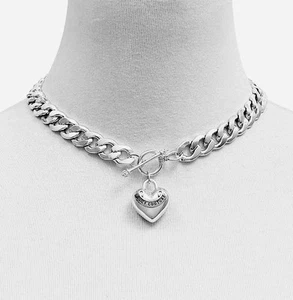 Juicy Couture Silver Tone Chunky Cuban Link Toggle Necklace W/Heart Charm - Picture 1 of 4