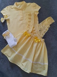 NIÑAS UNIFORME ESCOLAR 2-14 AÑOS FALDA POLO CLIP CALCETINES AMARILLO GINGHAM - Imagen 1 de 2