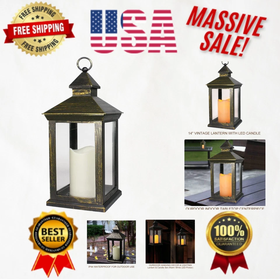Bright Zeal 14" Tall Vintage Decorative Lantern With LED Pillar Candle Bronze