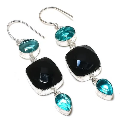 Black Spinel, Blue Topaz Gemstone 925 Sterling Silver Jewelry Earring 2.60" - Image 1 of 4