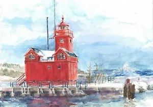 Faro ""Rojo grande"" lago Michigan enmarañado acuarela estampados artísticos de Holland Harbor - Imagen 1 de 2