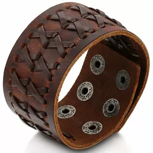 Punk Rock Wide Brown Leather Men's Cuff Bangle Bracelet Adjustable Wristband - Picture 1 of 6