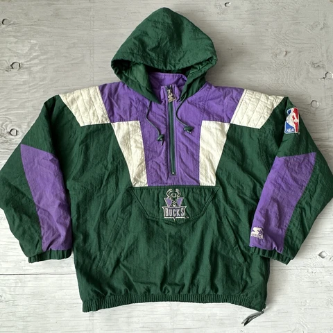 Vintage 90s NBA Milwaukee Bucks Pullover Half Zip Starter Jacket Size Medium Cover