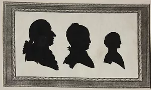 Schattenriss einer Familie in Profilansicht, Silhouette, Scherenschnitt, 18. Jh. - Bild 1 von 8
