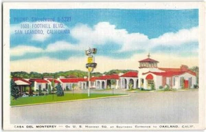 Postal vintage de lino de San Leandro, CA CASA DEL MONTEREY Roadside Oakland años 40 - Imagen 1 de 2