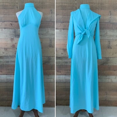 Vintage 1970’s Disco Boho Hippie Turquoise Maxi Dress Jacket Prom Size Small - Image 1 of 4