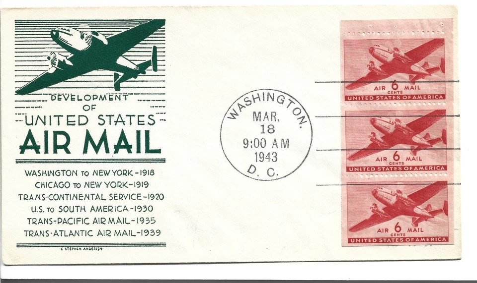 1943 FDC, 6c PLANE BOOKLET PANE OF 3, ANDERSON - Image 1 of 1
