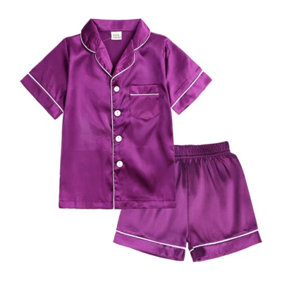 Children Kid Girls Boys Silk Satin Pajamas Pyjamas Kids Sleepwear Sets Nightwear - Image 1 of 4