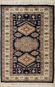 Rugstc 2.5x4 Caucasian Design Blue  Rug, Hand-Knotted,Geometric with Silk/Wool - Picture 1 of 5