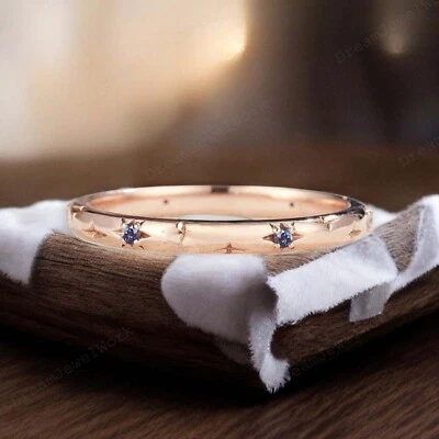 14k Yellow Gold 2 MM Round Shaped Natural Alexandrite Star Ring Wedding Band - Image 1 of 4