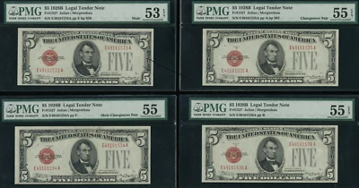 1928B $5 Legal Tender PMG 55EPQ Changeover US Note mule/non-mule with bookend - Image 1 of 2