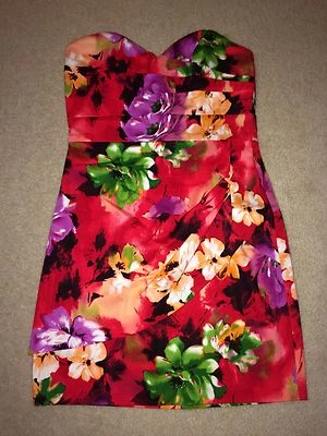 Strapless Red Floral Mini Dress Green Purple Orange Junior Size 9 NWT - Image 1 of 4