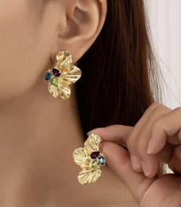 Flower Earrings Zara Half Petal CZ VTG Geometric Textured Boho Statement Boho - Picture 1 of 8