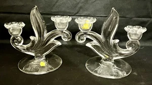 2 Tiffin Crystal Glass Double Candelabra Taper Candle Holders Art Nouveau Deco 7 - Picture 1 of 13