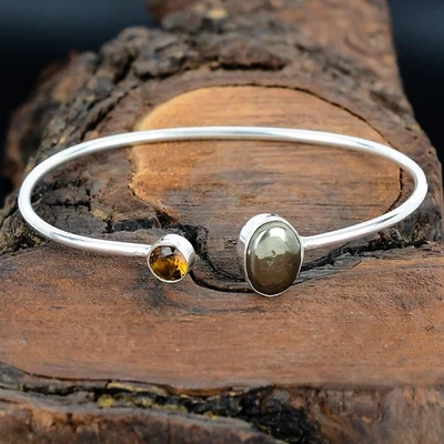 Pyrite Gemstone Cuff Sterling Silver Adjustable Handmade Whisky Quartz Bangle - Image 1 of 4