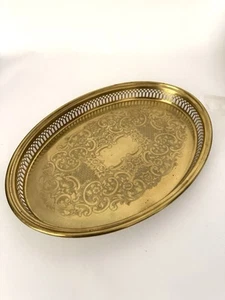 Vintage massiv Messing 14" oval geätzt Metall Tablett Platte MCM USA Made - Bild 1 von 14