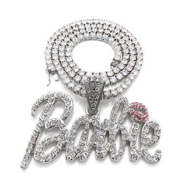 Collar de cadena de circonitas cúbicas colgante completo de Barbie hip hop de 4 mm de 18"* Foto 1 de 4