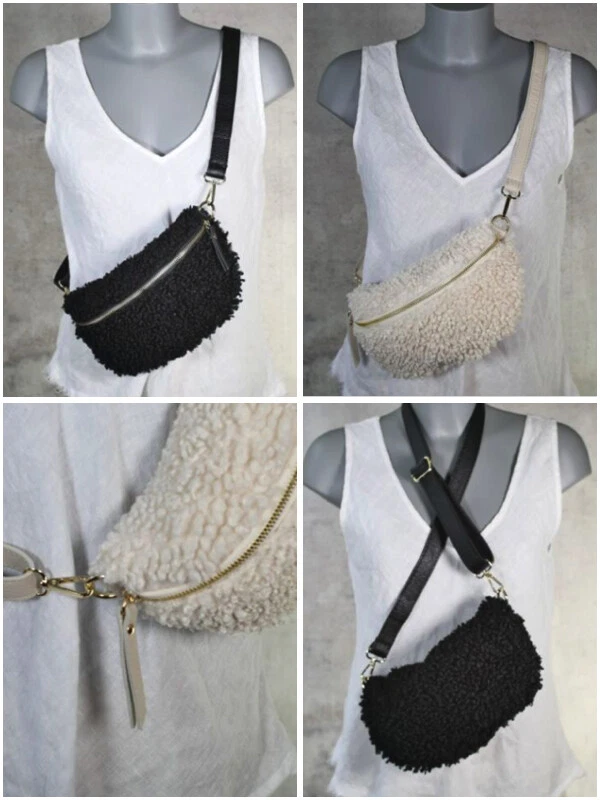 MARKENLOS Italy Gold Teddyplüsch Brust Bauch Hüft Tasche Bodybag Umhängetasche Kunstfell