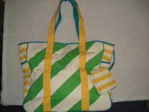 JOE BOXER LARGE YELLOW GREEN TAN STRIPED LINED CANVAS TOTE BAG AND CHANGE POUCH - Picture 1 of 12