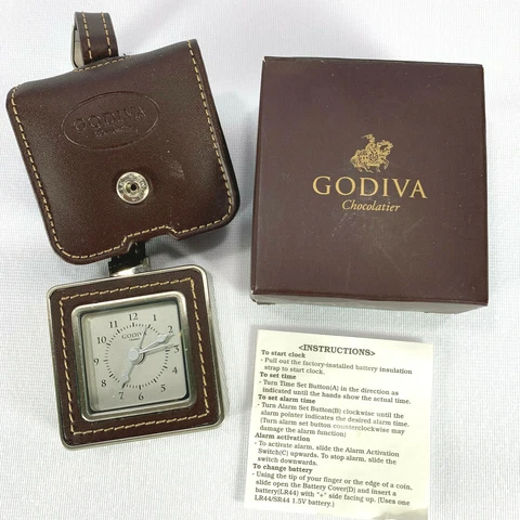 Godiva Chocolatier Travel Clock With Pouch -Good Condition With Box -New Battery Cover