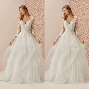 Rüschen Brautkleider Lange Ärmel Tüll V-Ausschnitt Weiß Elfenbein 2025 Neueste - Bild 1 von 12