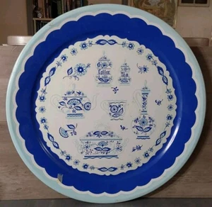 Vintage 1950's Large 19" Metal Serving Tray MCM Retro Kitschy Blue White Teapots - Picture 1 of 5
