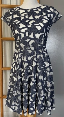 Floral Appliqué Lace Skaters Dress Women’s M Mini Blue Denim Cottagecore Modern - Image 1 of 4