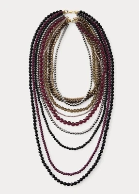 ZARA Multilayer Statement Necklace Beaded Burgundy Black Gold Silver Tone - Image 1 of 4