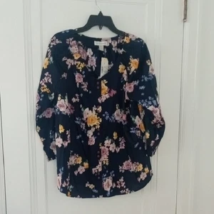 NWT women XL dark navy blue with flower print 3/4 sleeve Christopher Banks - Picture 1 of 2