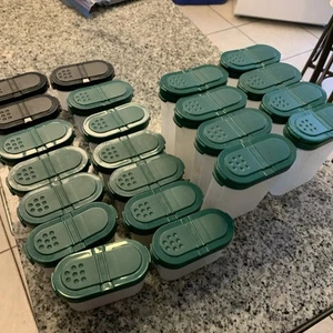 Vintage Tupperware 22 Spice Containers module mates 3 Black Tops 19 Green  - Picture 1 of 5