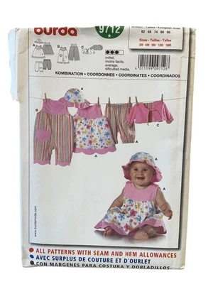 Burda 9712 Baby Sewing Pattern Coordinates Dress Hat Pants Sizes 3M-18M - Image 1 of 2