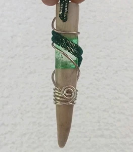 Wirewrapped Crystal Incased Green Resin Antler Pendant | Silver Colored Wire - Picture 1 of 7