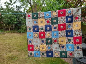 Patchwork lap cover, Sq in Sq design bright checks and plains, hand quilted - Picture 1 of 8